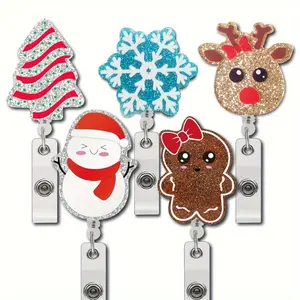 5pcs Christmas extendable badge holder, Christmas badge scroll holder with metal clip scroll, ID card badge lanyard label keychain card, for office nurse doctor Christmas decoration party gift