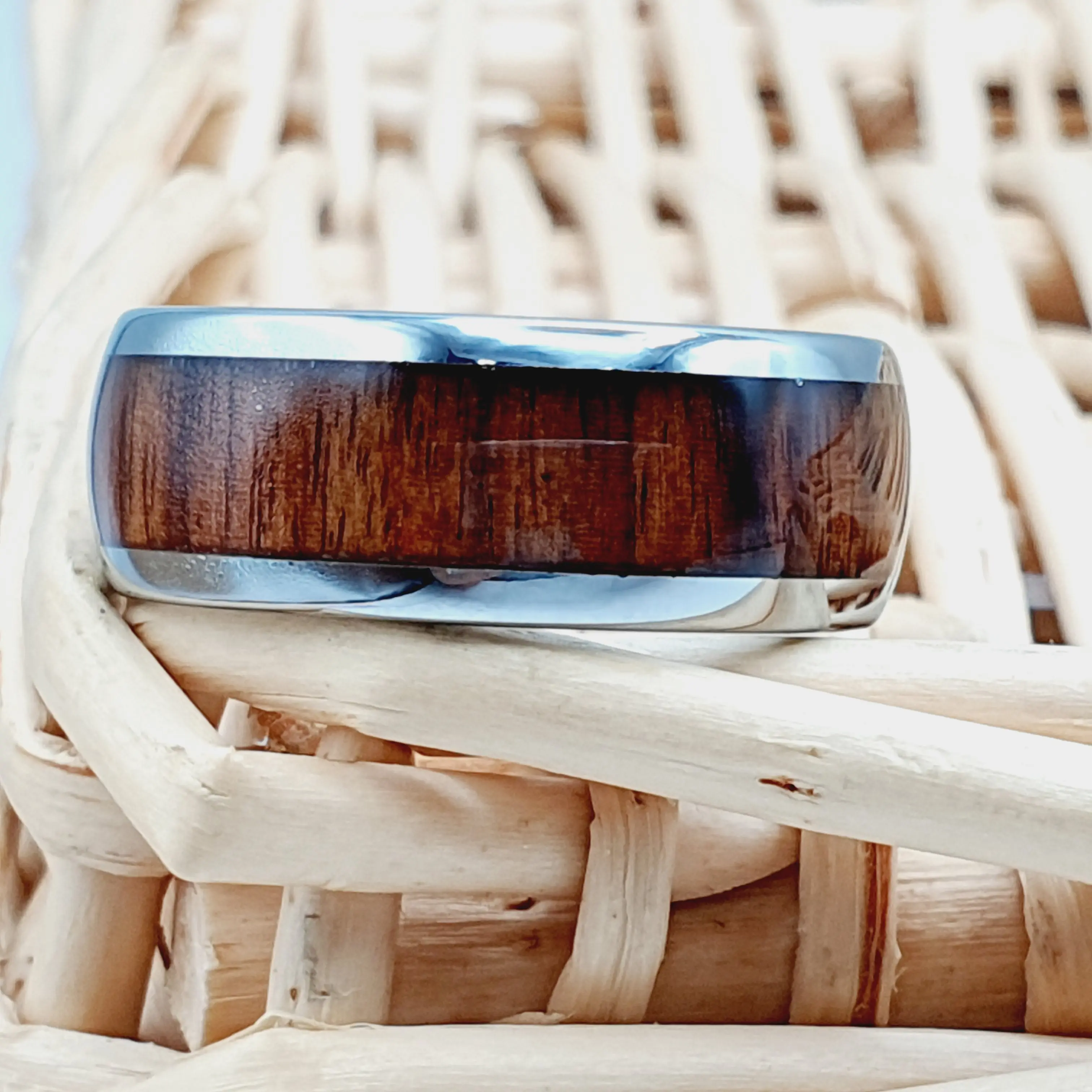 Vintage Hawaiian Koa Wood Wedding Band for Men, 8mm Dome Engagement Ring