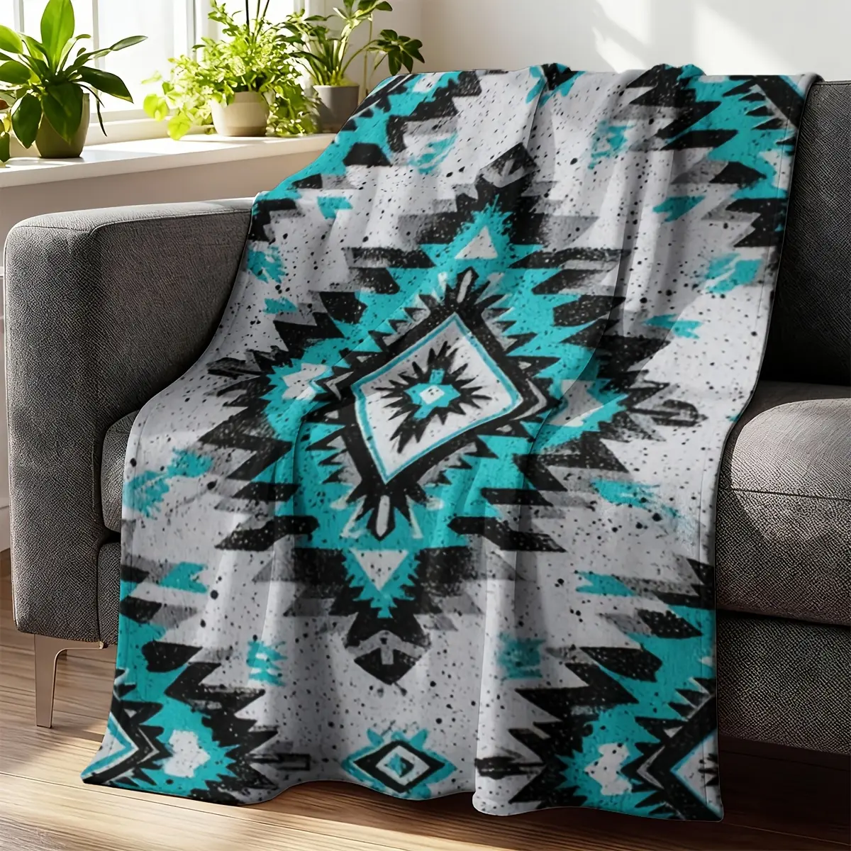 Southwestern Local American Turquoise And Teal Gray Southwestern Print Flannel Blanket Black White Teal Southwestern Bedspread with Turquoise And Pattern All Season Couch Cover Southwestern Decor