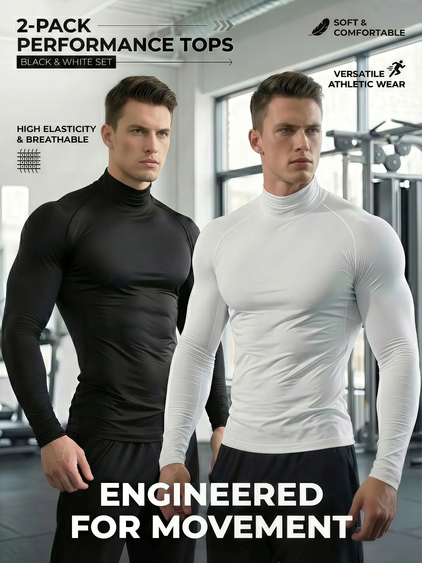 2 Pack Men's Compression Gym T-Shirts, Minimalist Compression Tops, Sports Tops, High Neck Muscle Fit Athletic Training Tops, Breathable High Stretch Performance Shirts for Outdoor Workout, Running, Everyday Active Wear, Black White Set