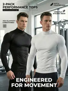 2 Pack Men's Compression Gym T-Shirts, Minimalist Compression Tops, High Neck Muscle Fit Athletic Training Tops, Breathable High Stretch Performance Shirts for Outdoor Workout, Running, Everyday Active Wear, Black White Set