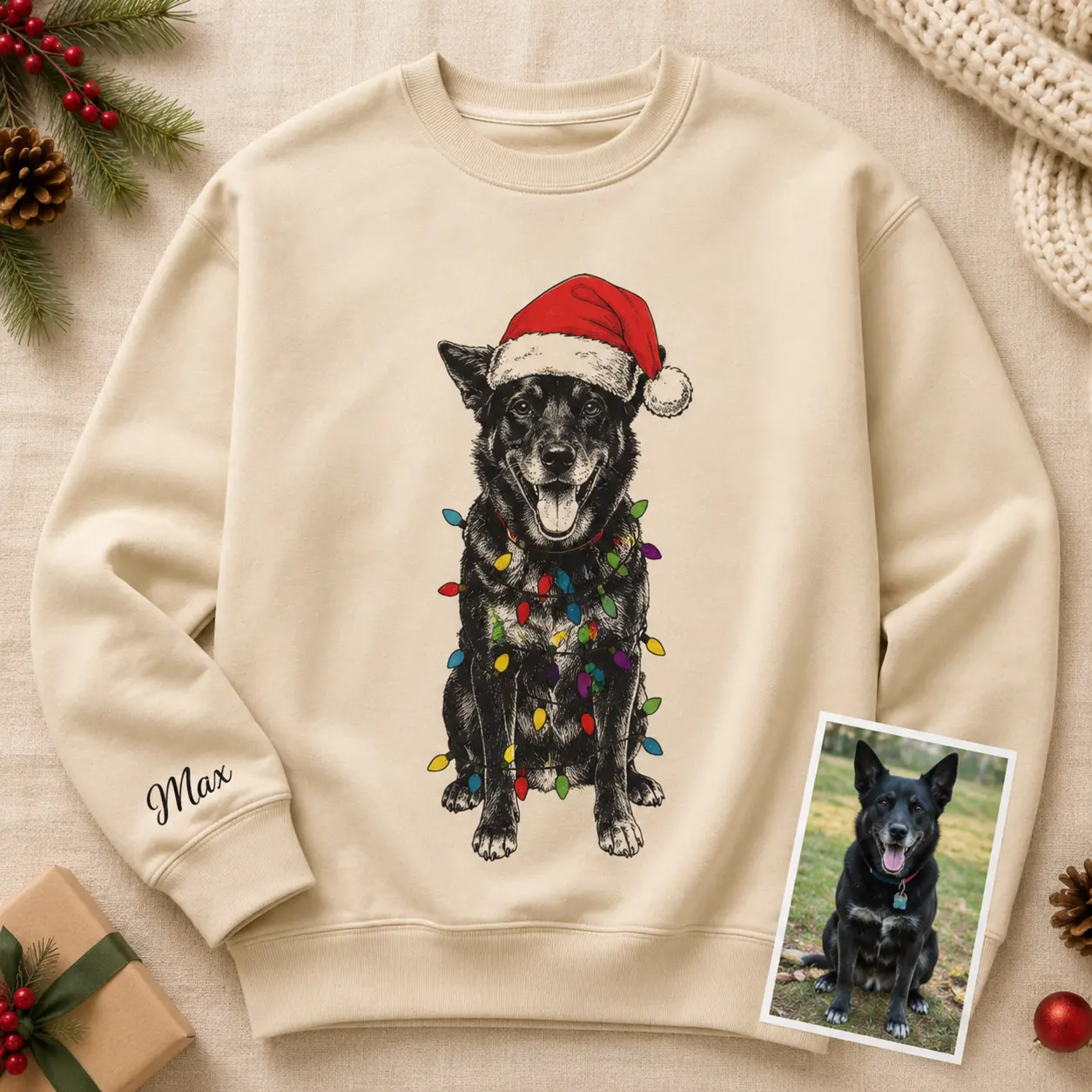 Custom Pet Photo Christmas Sweatshirt, Personalized Dog Portrait Crewneck, Festive Pet Graphic, Pet Lover Gift