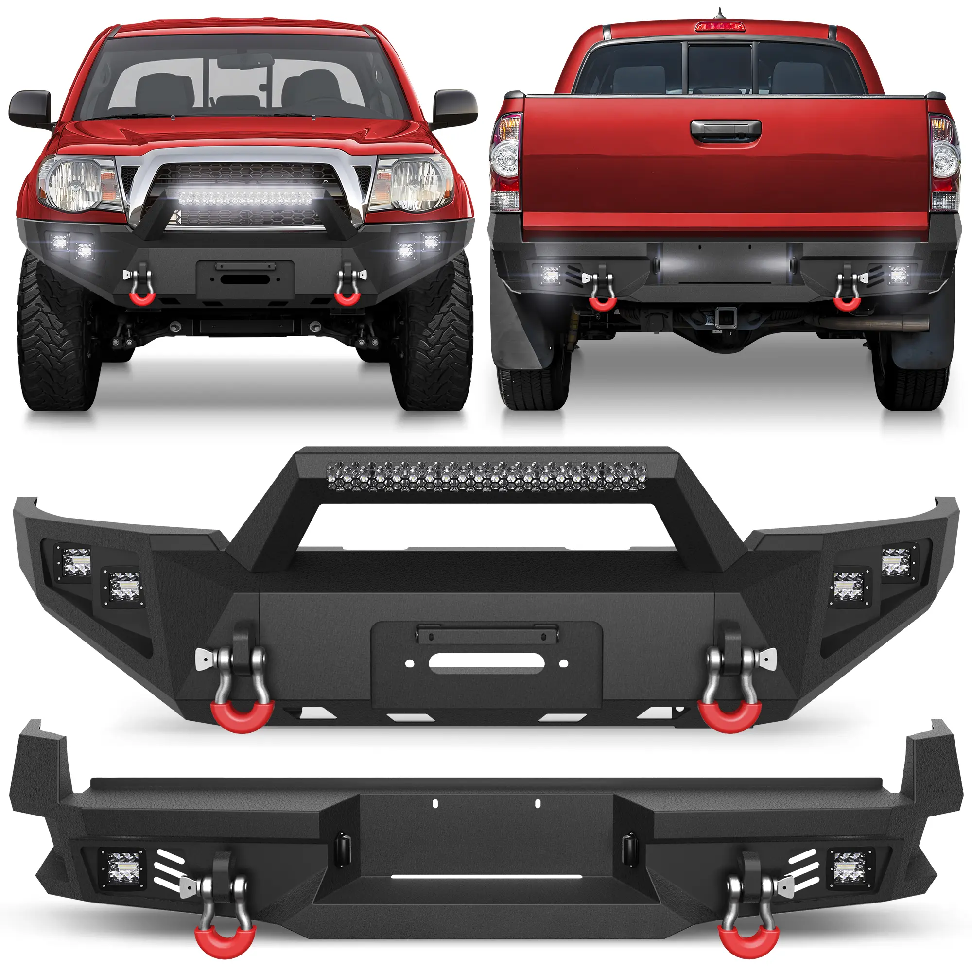 Longsun Tacoma Bumper Set for 2005 2006 2007 2008 2009 2010 2011 2012 2013 2014 2015 Tacoma 2nd Gen Pickup | Pickup Truck Steel Bumpers w/Winch Plate, LED Lights, D-rings and License Plate Bracket