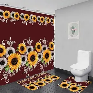 Burgundy Sunflower Print Bathroom Decor Set, 1 Set Including Shower Curtain, Toilet U-Shaped Mat & Rectangular Mat, Bathroom Accessories
