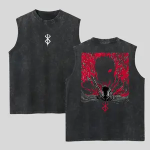 Two-sided Berserk Washed Tank Top, Gym Essential, Vintage Casual Crewneck Sleeveless Menswear T-shirts Classic Cotton Fabric Streetwear