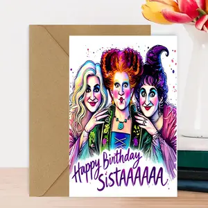 1-Piece Hocus Pocus "Happy Birthday Sistaa" Greeting Card – Vibrant Sanderson Sisters Art, Playful Witchy Vibe, Perfect for Hocus Pocus Fans & Siblings, Bold Colorful Design, Comes with Kraft Envelope.