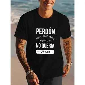 Lightweight Design| Men's "Pardon" Spanish Quote T-Shirt - Casual Black Short Sleeve Tee with Geometric Print,  100%25 ,  Machine Washable for Summer