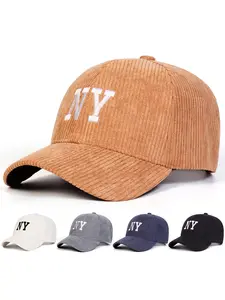 Unisex Corduroy Ny Baseball Cap, Adjustable Outdoor Sun Protection Hat, Casual Fitted Travel Beach Vacation Headwear for Men Women Quality Caps