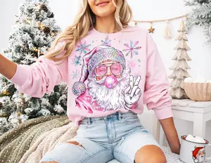 [New Collection For Christmas] Pink Peace Santa Christmas Sweatshirt | Cool Retro Santa with Bubblegum & Glasses | Fun Holiday Crewneck, Cute Xmas Gift, Cozy Winter Outfit for Women