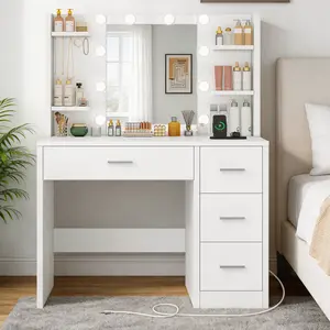 Vanity Desk with Mirror and Lights, Makeup Vanity with Power Outlet and 4 Drawers & 6 Shelves, 3 Color Modes & Adjustable Brightness, White Vanity for Bedroom summergarden