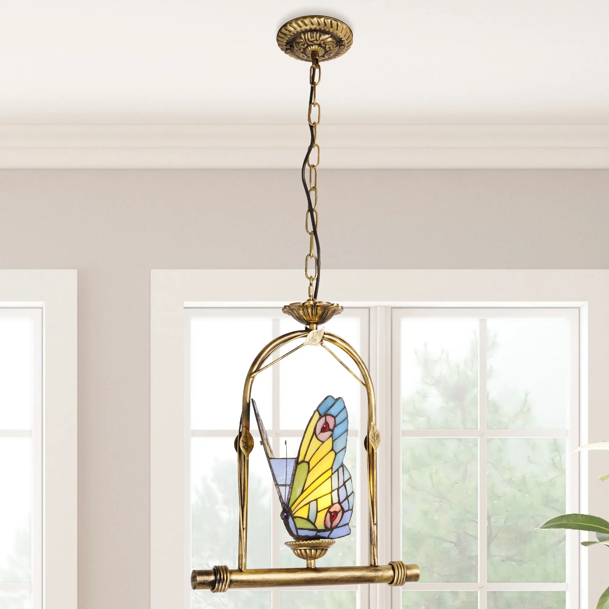 12.2" Adjustable Tiffany Style Butterfly Stained Glass Pendant Light | Antique Brass Frame