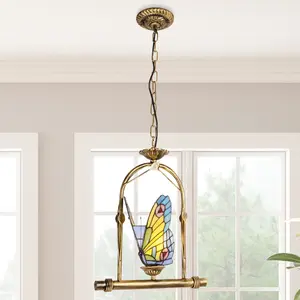 12.2" Adjustable Tiffany Style Butterfly Stained Glass Pendant Light | Antique Brass Frame