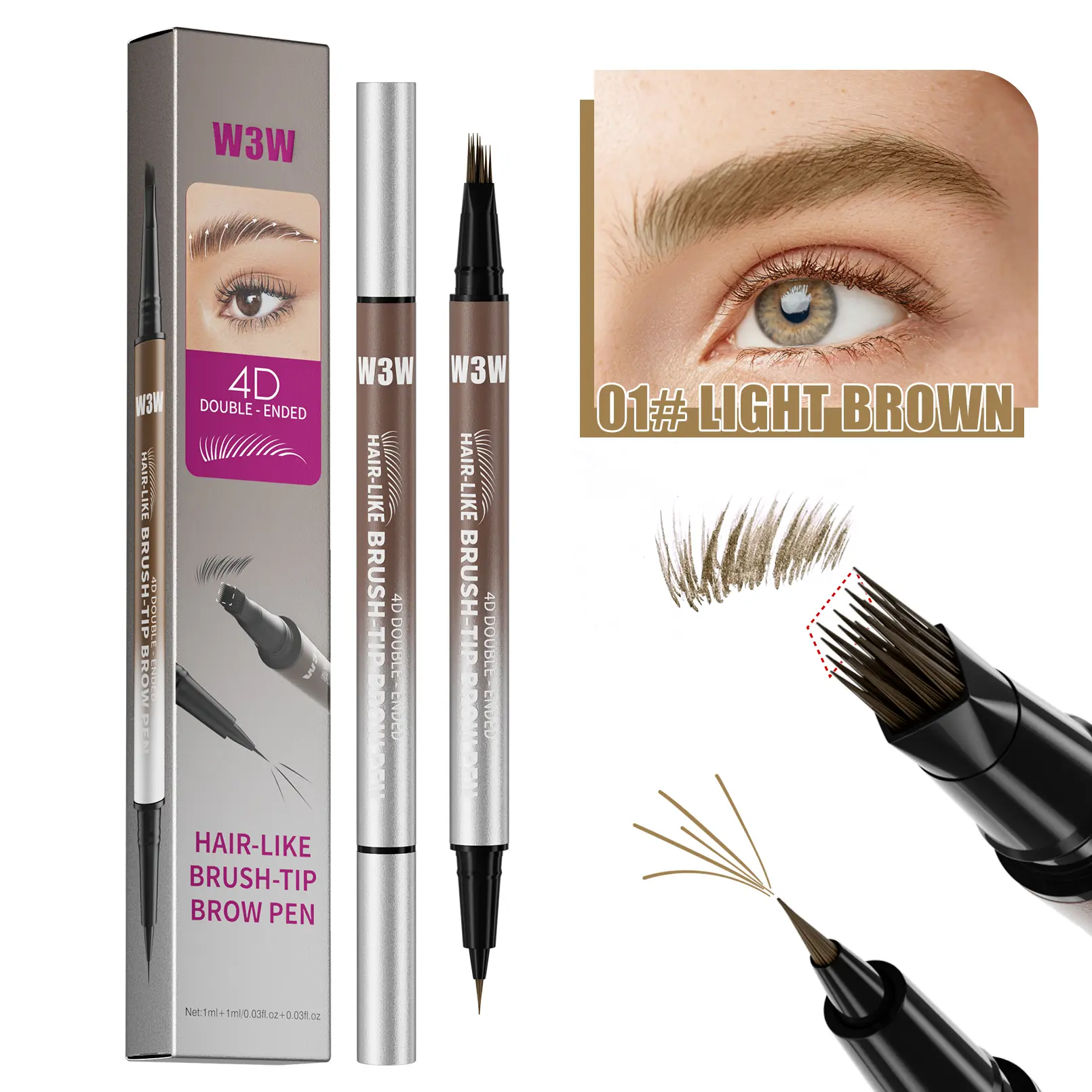 Original 4D Brush Tip Waterproof Microblading Eyebrow Pen, 2-in-1 Dual-Ended, Natural Hair-Like Strokes, Long-Lasting