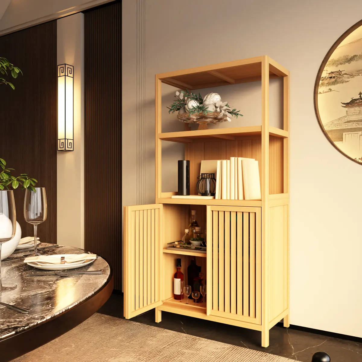 24.57×12.99×52.01 in Bamboo Freestanding Wood Cabinet, 2-Door 3-Section 5-Shelf Compact Space-Saving Clutter-Free Bathroom Floor Cabinet with Open Shelves, Magnetic Door Catches for Living Room, Kitchen, Wood Cabinets, 3-Section Cabinets