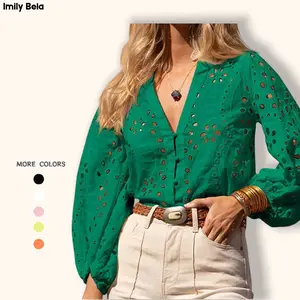 Imily Bela Womens Deep V Neck Eyelet Blouses Tops Dressy Casual 3/4 Balloon Sleeve Cotton Button Down Shirts