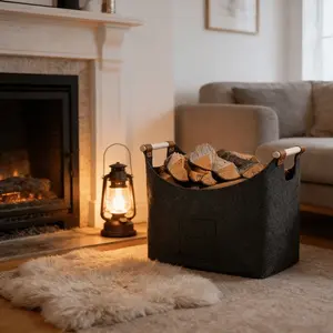 1pc Large Felt Log Basket with Wooden Handles, Sturdy Firewood Carrier & Storage Bin for Logs, Toys, Blankets, Laundry, Magazines, Modern Scandinavian Style Fireplace Accessory, Decorative & Portable Organizer for Living Room Home Decor