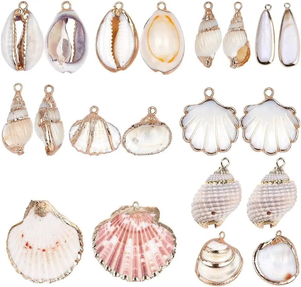 1 Box 20pcs 10 Styles Natural White Cowrie Seashells Charm Conch Shells Plated Charms Summer Ocean Sea Charm for Jewelry Making Charm Necklace Bracelet Earring Making