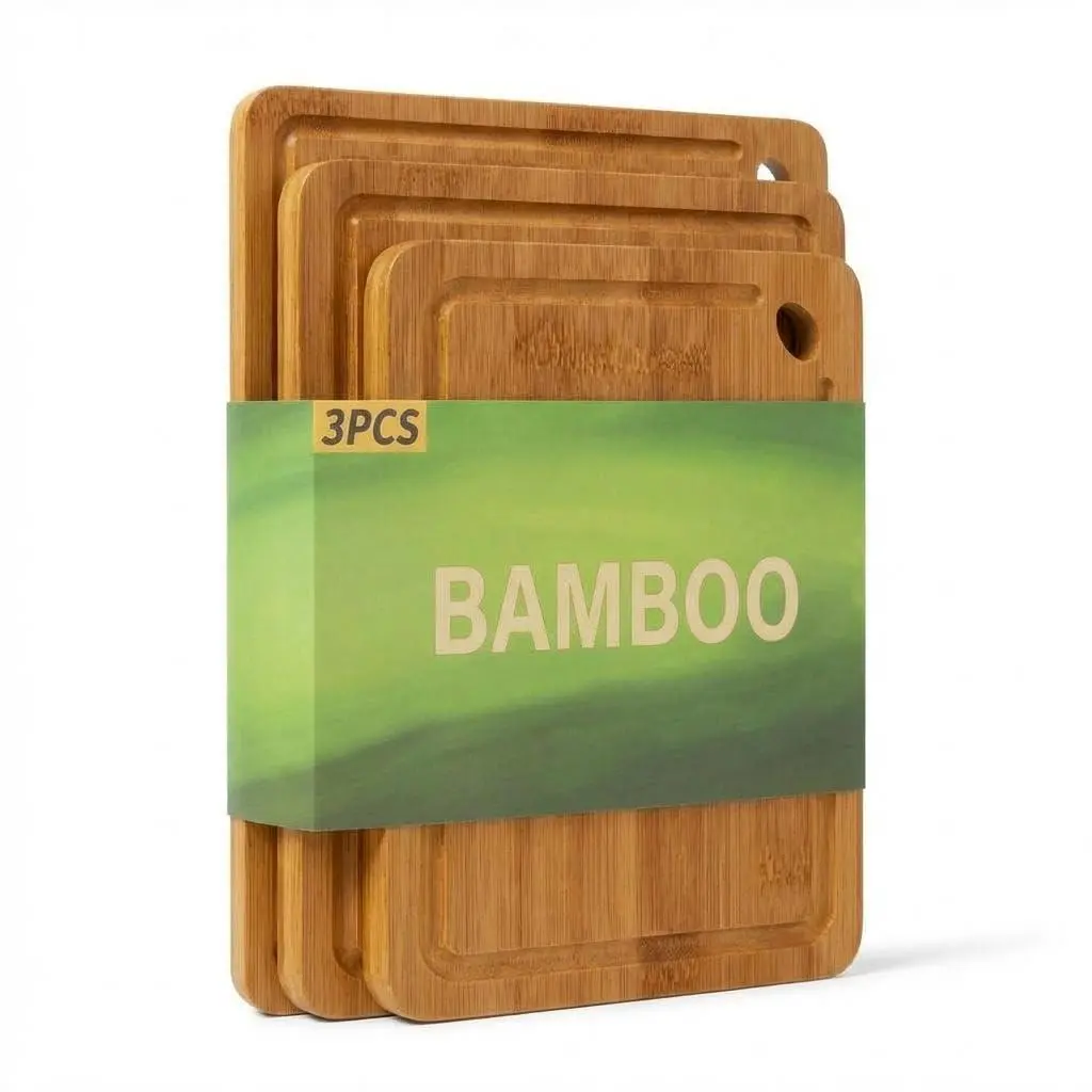 Bamboo Cutting Board Set of 3 - Multi-Size Wooden Chopping Boards with Deep Juice Grooves & Built-in Handle, for Charcuterie, Vegetables, Fruits & Kitchen Use