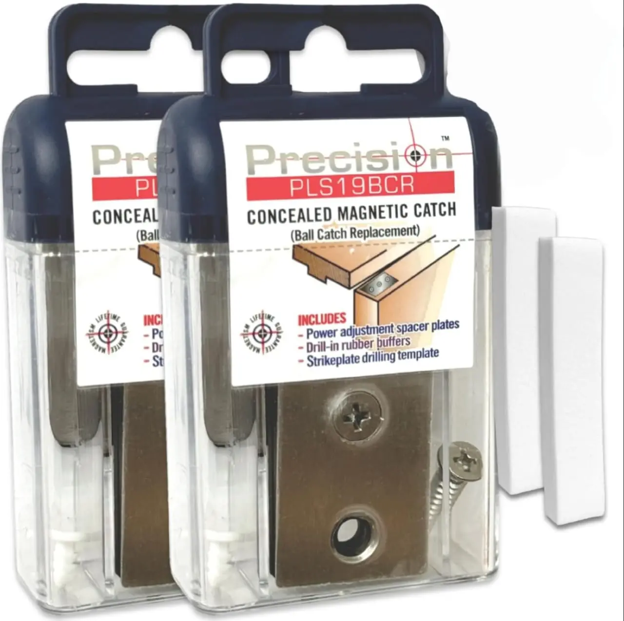 Precision PLS19BCR Concealed Magnetic Catch Ball Catch Replacement with Power Adjustment Spacer Plates Drill-in Rubber Buffers Strikeplate Drilling Template
