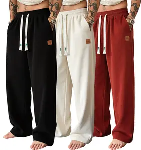 Men's 3-Pack Casual Straight-Leg Pants - Mid-Rise Drawstring Trousers with Small Leather Patches, Menswear Plain Stylish Loose Street Athletic Pants for Everyday Outdoor Walking in Spring & Summer
