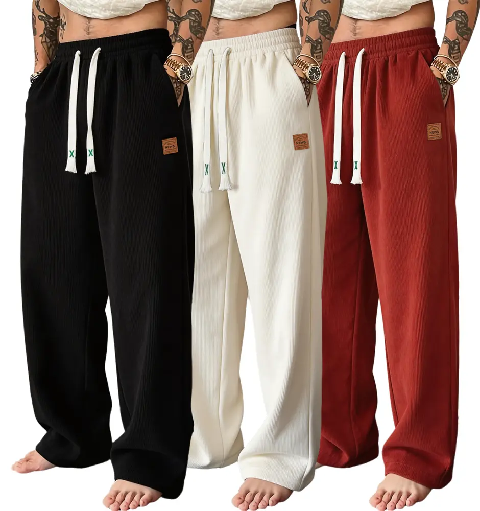 Men's 3-Pack Casual Pants, Mid-Rise Straight-Leg Loose Fit, Drawstring Waist Plain Street Style Activewear for Outdoor Walking, Comfy Pants