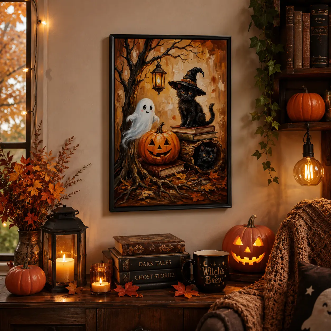 Vintage Halloween Black Cat Ghost Pumpkin Canvas Wall Art, Cute Spooky Autumn Witch Cat Painting, Fall Halloween Home Decor Poster