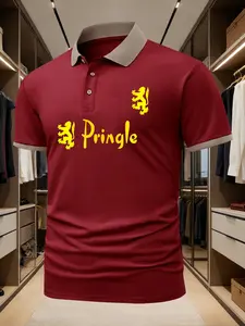 Men's Golf Ball Suit, Pringle Lion Logo Print Polo Shirt, Casual Slim-Fitting Short Sleeve Top, Spring & Fall Fashion