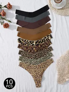 6/10Pcs Sexy Comfortable Leopard Print Plain Women's Low-Waist Thongs, Slim-Fitting Drop Waist Underwear, All-Seasons Fashion