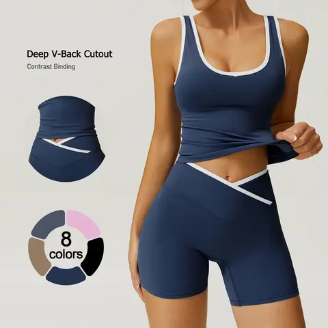 TIMEOFF Women's 2-Piece Quick Dry Workout Set - Tight Color-Blocked Halter Crop Top with V-Back, Mid-Rise 4-Way Stretch Shorts for Gym, Yoga, Everyday Active Training