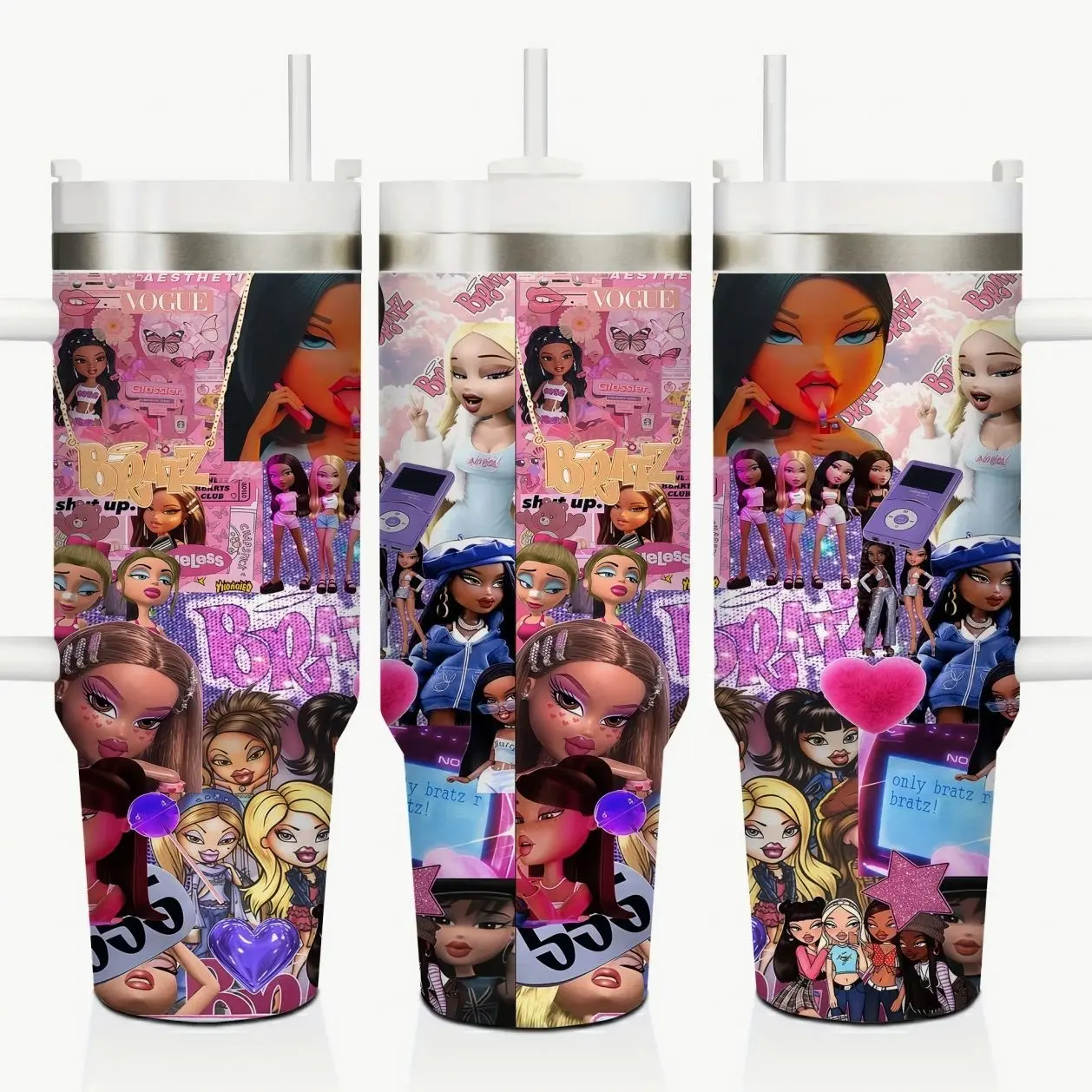 Bratz Fashion Doll Inspired 40oz Insulated Travel Tumbler Stainless Steel Mug with Handle and Straw Leak Proof Vacuum Thermal Cup Keeps Drinks Hot 12H Cold 24H Fan Gift Y2K Aesthetic Baddie Large Water Bottle Reusable Pink Mug 2026