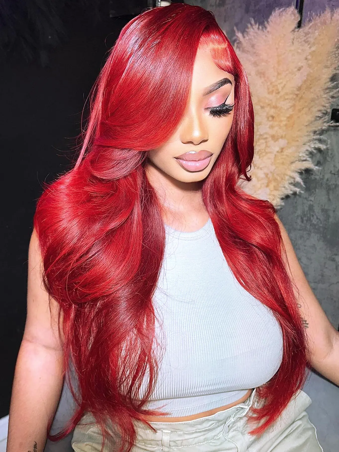 Aodbar hairs 13*6 Transparent Lace Frontal Wig Hot Red Body Wavy Glueless Wig Synthetic Loose Wig For Women Heat Resistant Fiber Hair Pre Plucked Natural Looking Wis For Daily Party Deep Parting Space