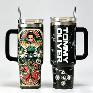 Green Ranger Tommy Oliver 40oz Stainless Steel Tumbler With Handle & Straw Lid, Power Hero Inspired Vacuum Insulated Travel Mug, Retro Action Fan Gift Cup, Leakproof Car Cup Holder Friendly Coffee Tumbler
