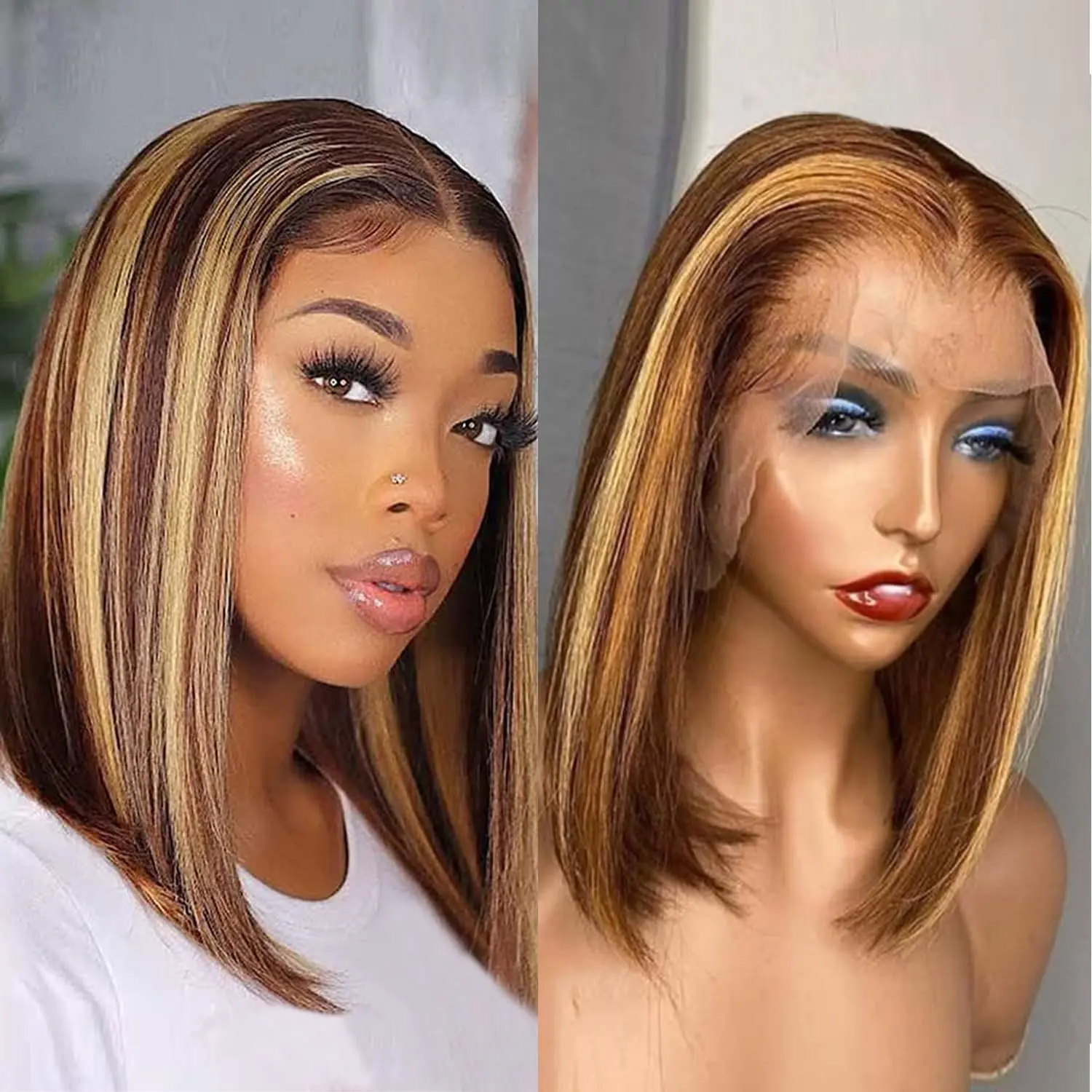 Encharm 4/27 Bob Wig Human Hair 13x4 Lace Frontal Short Straight Lace Front Bob Wigs for Black Women Human Hair Pre Plucked 180% Density Black Color