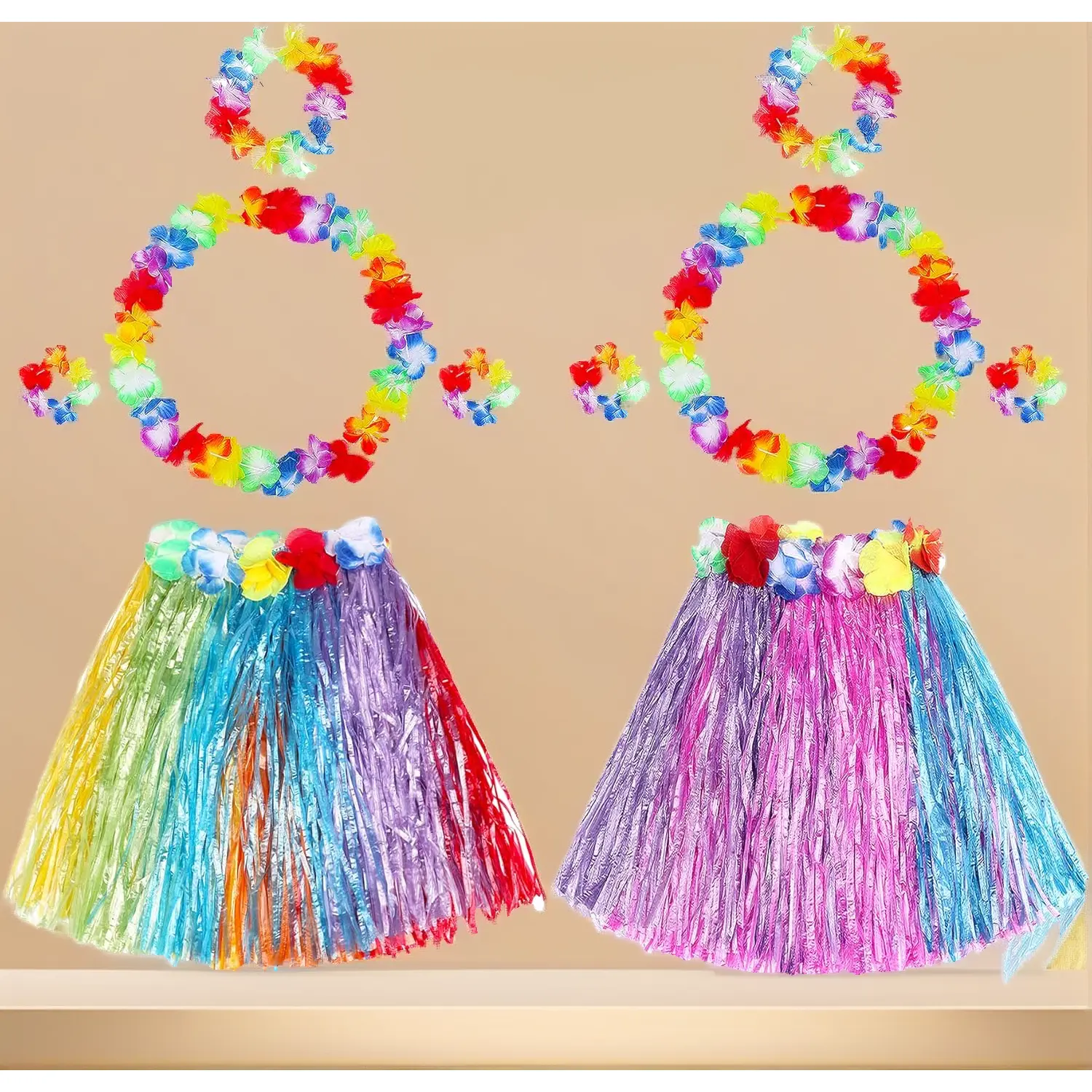 Rainbow Girls Hawaiian Hula Grass Skirt Costume 3-Pack - Elastic Skirt, Flower Lei, Hair Clip for Luau Tropical Beach Party Outfits