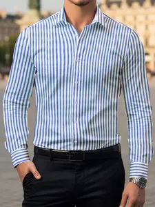 Men's Long Sleeve Striped Casual Collared Shirt, Button Design, Button Front Shirt, Regular Fit, Comfortable for Daily Wear,  Blue Color