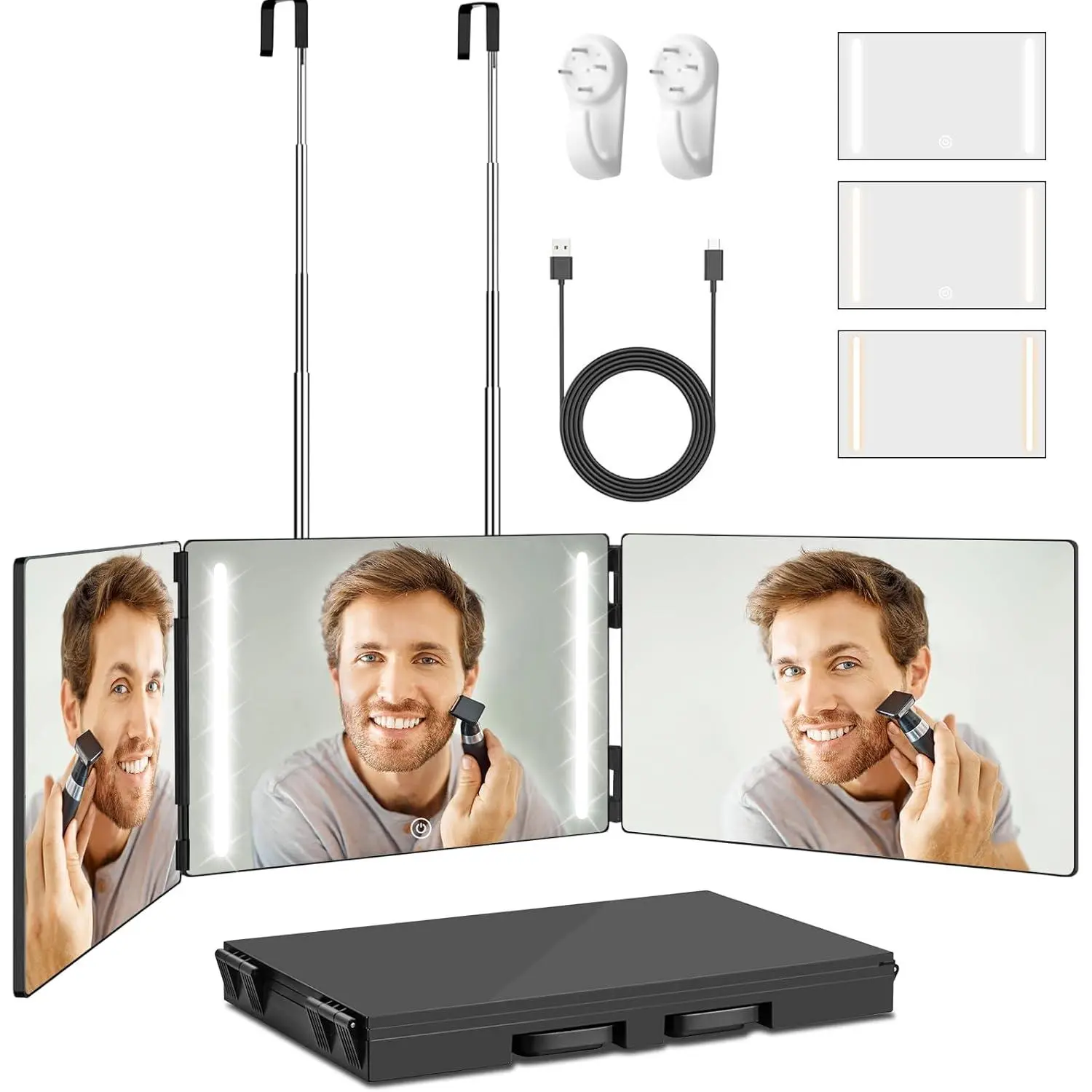 3 Way Mirror for Self Hair Cutting with LED Lights, Rechargeable 360? Barber Mirror Trifold Mirror Light Up Mirror for Makeup, Hair Styling, Unique Birthday for Man Woman