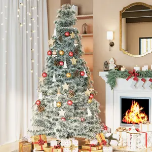 7.5ft Pre-lit Artificial Christmas Tree, Prelighted Green Artificial Hinged Spruce Xmas Tree with 347 Branch Tips, 120 Incandescent Lights & Foldable Base