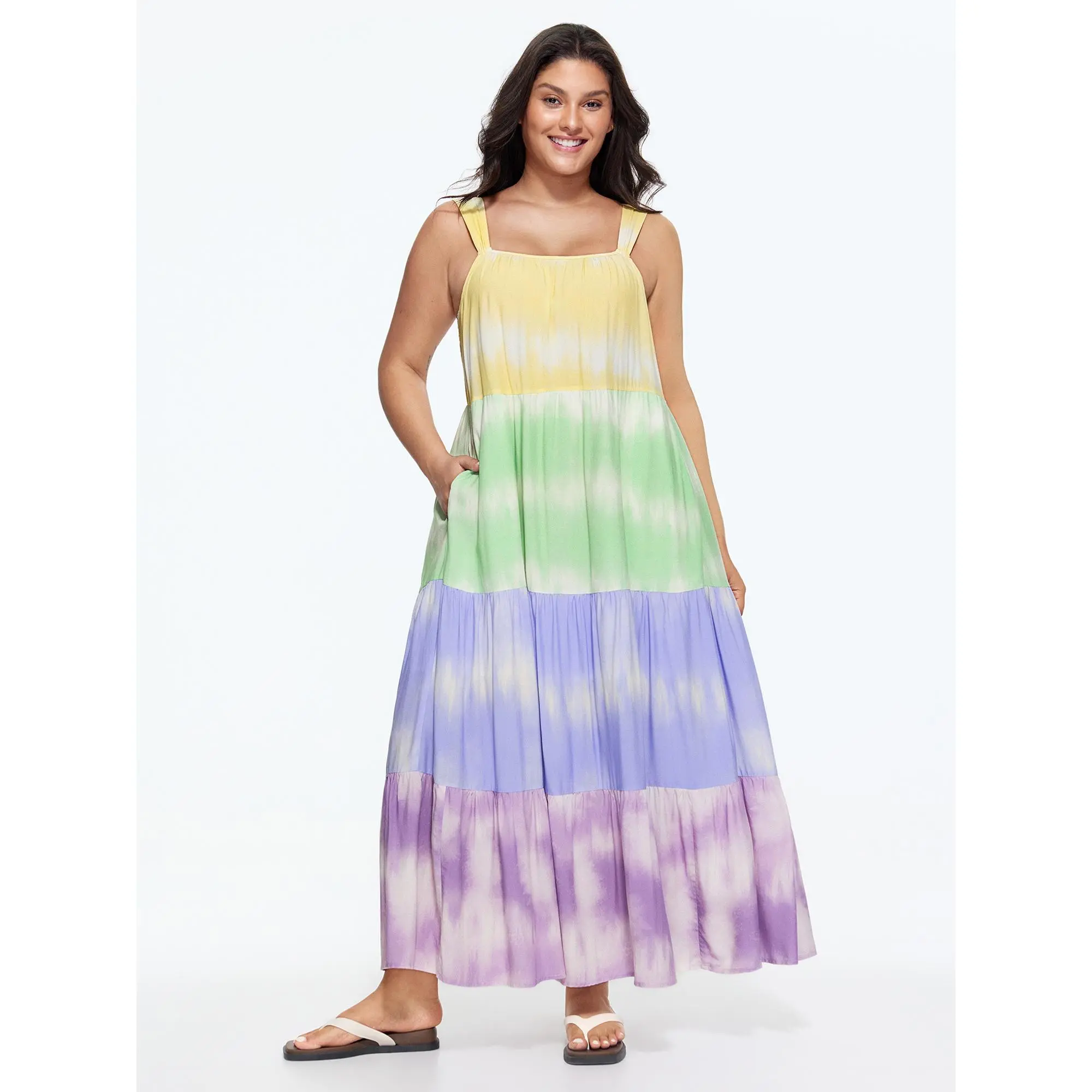 BloomChic Women's Plus Size Maxi Dress, Casual Multicolor Summer Tie Dye & Colorblock Tiered Design for Ladies with Wide Straps and Pockets., Smooth, Polyester, Garment, Womens Dresses, Plus Size Fashion, Maxi Dress For Women