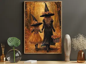 Mother And Daughter Witches Canvas Print, Autumn Forest Magic Poster, Halloween Witch Walk Wall Art Decor