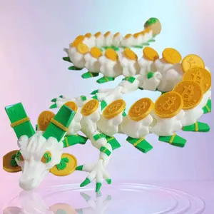 3D Printed Money Dragon - White Dragon with Green Accents, Coins, and Gold Bags, Ideal for Collectors and Meme Lovers