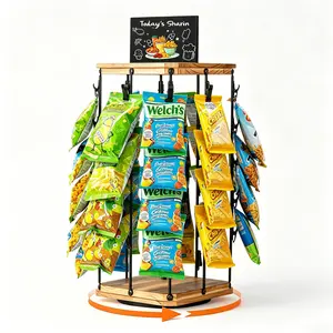 Chip Rack Display Wood Stand with Heavy-Duty 360° Smooth-Rotating Heavy-duty Base, 5 Tiers 40 Clips & Message Board Chip Bag Holder Display, Candy Stand,Snack Organizer for Countertop,Party,lounge,Store Concession Stand,Portable for Parties