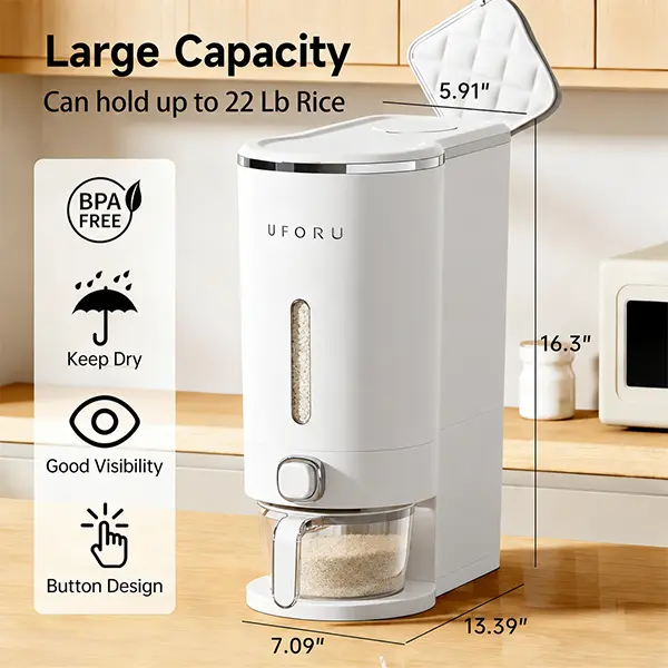 UFORU Insect-Proof Airtight Rice Dispenser with Measuring Cup - 22 lbs Single Unit Modern Storage Container, Moisture-Proof Plastic Body, Kitchen Pantry Organizer for Grains, Dry Pet Food, Modern Storage Containers