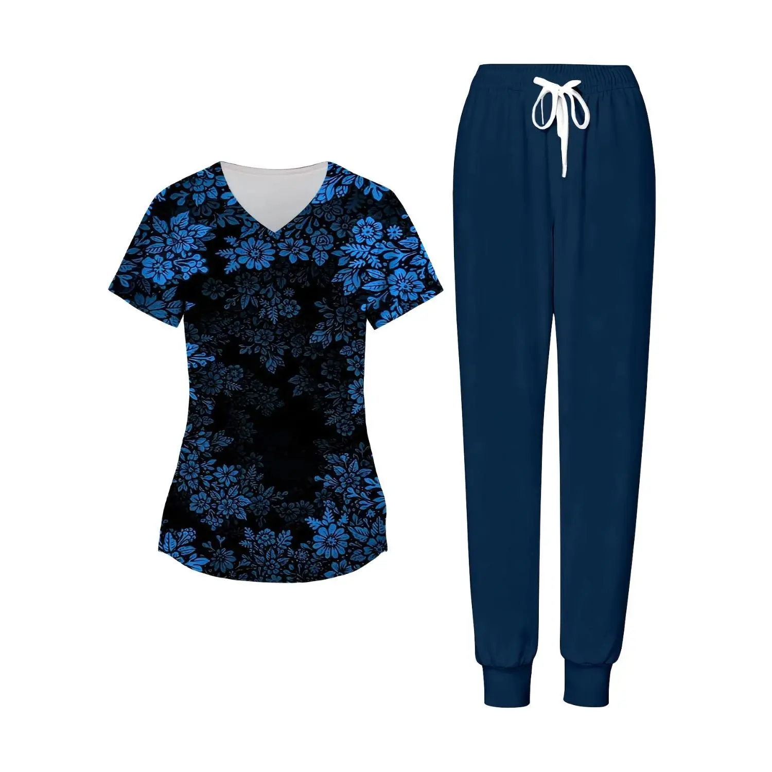 Plus Size Women's 2-Piece Scrub Set - Floral Print in Navy Blue and Black Uniform for Nurses - Comfortable Hospital Workwear and Casual Everyday Wear - Ideal for Exercise and Perfect for Gifting