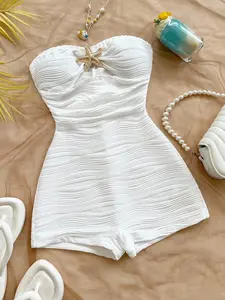 Summer European Style Halter Jumpsuit Romper, Textured Ruched Design, Starfish Metal Buckle, Fitted Short Pants, Perfect for Beach Vacation