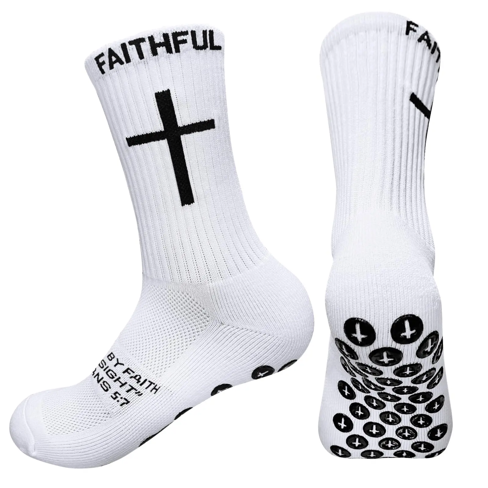 2 Pairs Sporty Cross Grip Soccer Socks - Anti-Slip Christian Faith Style with Rubber Dots, Bible Verse, All Seasons Athletic Sport Socks (White), Sporty Sports Socks