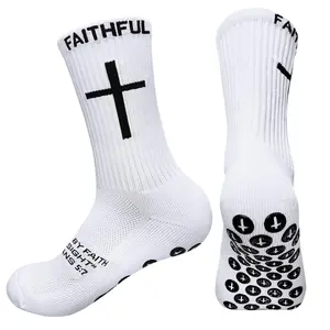 2 Pairs Cross Grip Soccer Socks Anti-Slip Christian Sports Sock Bible Verse Religious Faith Sock with Rubber Dots (white)