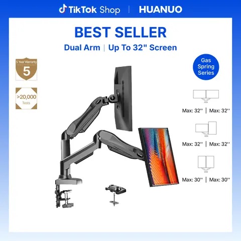 HUANUO Gas Spring Dual-Arm Computer Monitor Stand, Adjustable Height Desk Accessory, C-Clamp/Grommet Hole Mount for Office, Holds Up to 30" Screens (19.8 lbs Max) - Office Furniture Set for Gamers