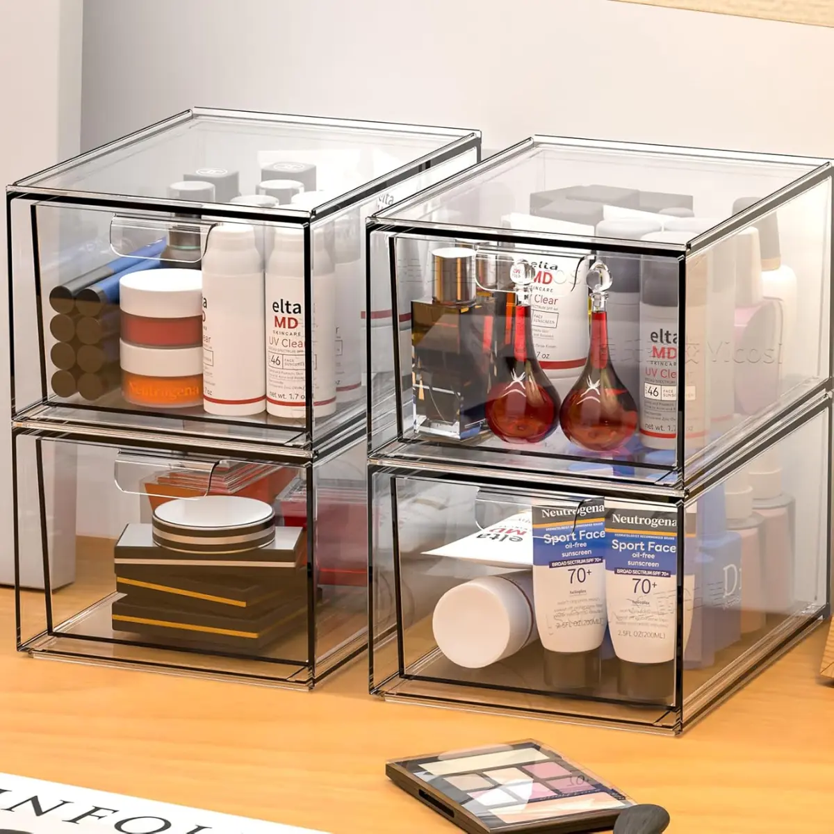 Clear Stackable Storage Drawer and Acrylic Organizers,4.5''Tall Acrylic Bathroom Makeup Organizer, Plastic Storage Bins with Handles for Vanity Boxes containers