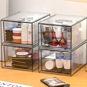 Clear Stackable Storage Drawer and Acrylic Organizers,4.5''Tall Acrylic Bathroom Makeup Organizer, Plastic Storage Bins with Handles for Vanity Boxes containers