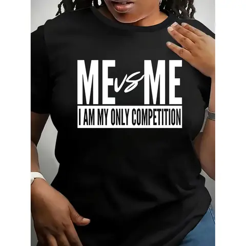 Letter Print Round Neck Tee, Fashion Casual Crew Neck Short Sleeve T-Shirt for Daily Outdoor Wear, Women Plus Clothing for All Seasons